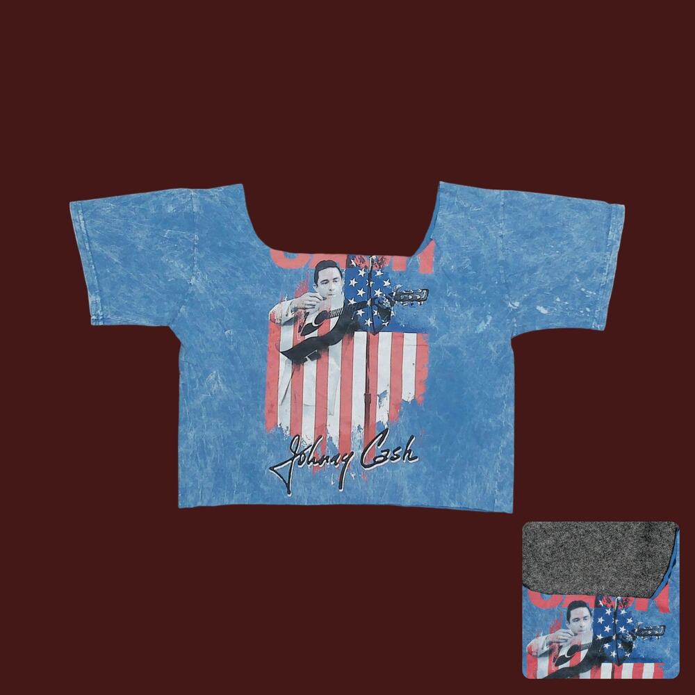 Johnny Cash Blue Acid Wash American Flag Custom Crop Top Womens L